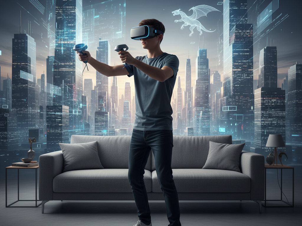 Traveler using VR to explore destination before trip.