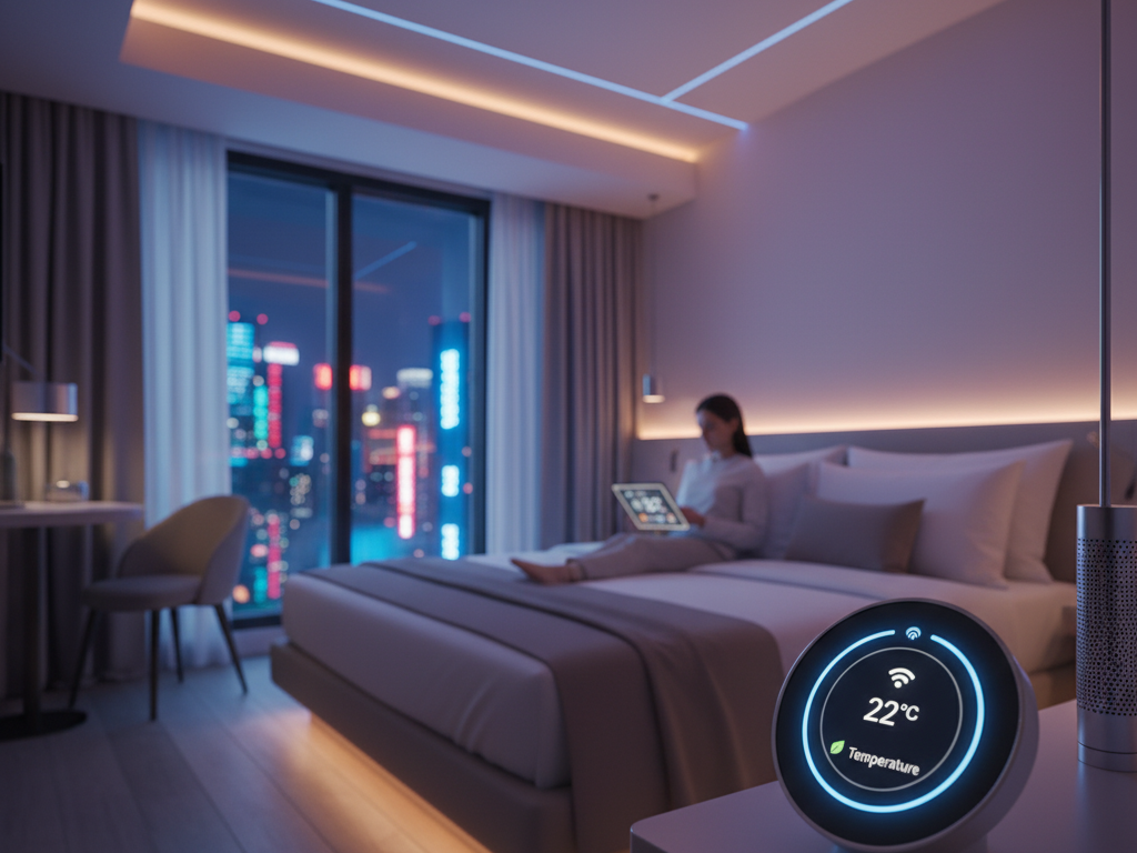 IoT-powered hotel room with connected devices.