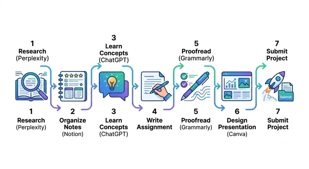 Student study workflow using AI for research, writing, proofreading, and presentations