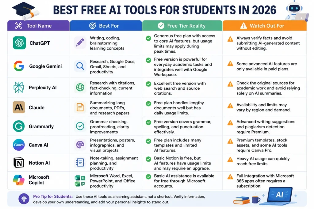 Comparison chart of free AI tools including ChatGPT, Gemini, Claude, Canva, and Grammarly